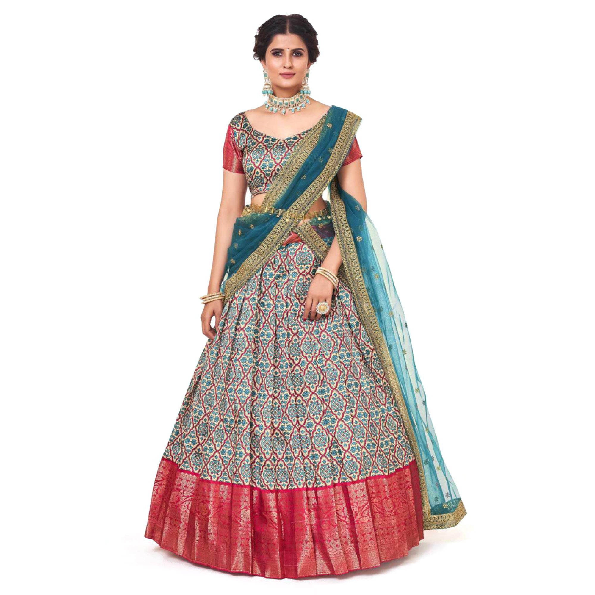 Sky Blue Digital Printed With Zari Work Art Silk Lehenga Choli