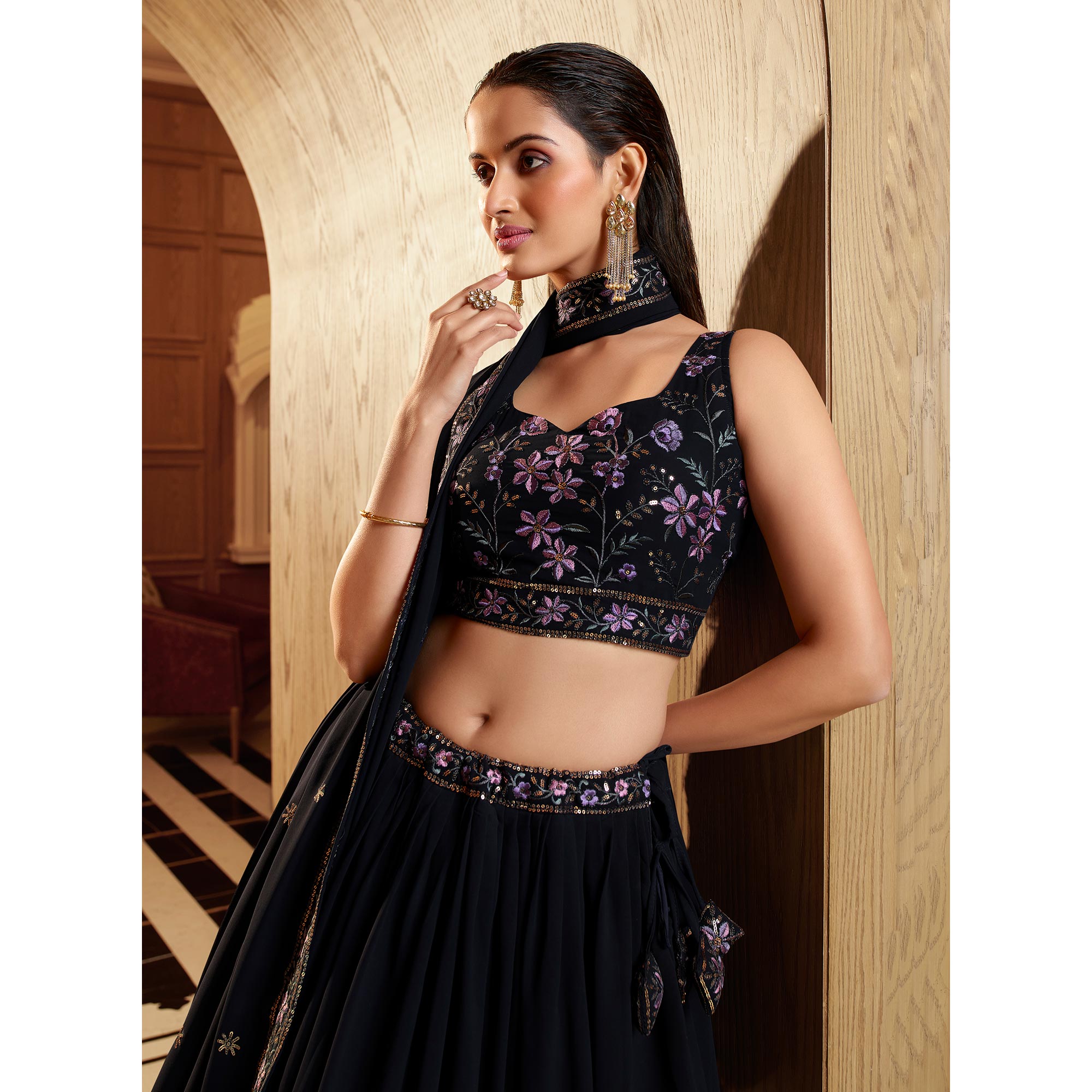 Navy Blue Sequins Embroidered Georgette Lehenga Choli