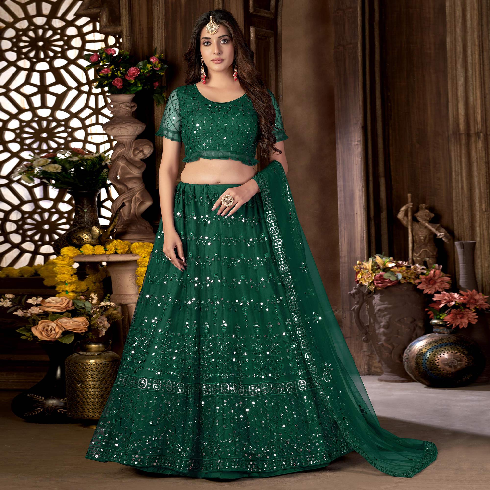 Green Sequins Embroidered Net Lehenga Choli