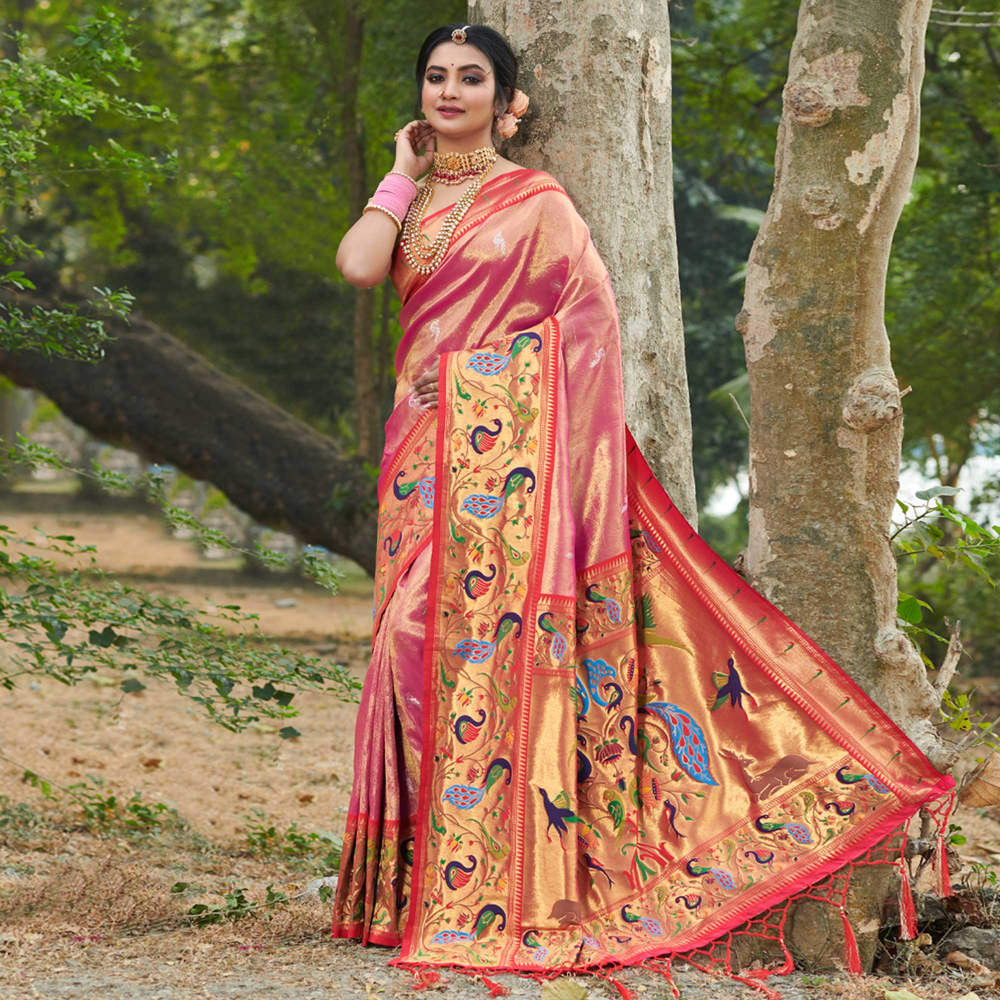 Pink Woven Art Silk Paithani Saree With Tassels