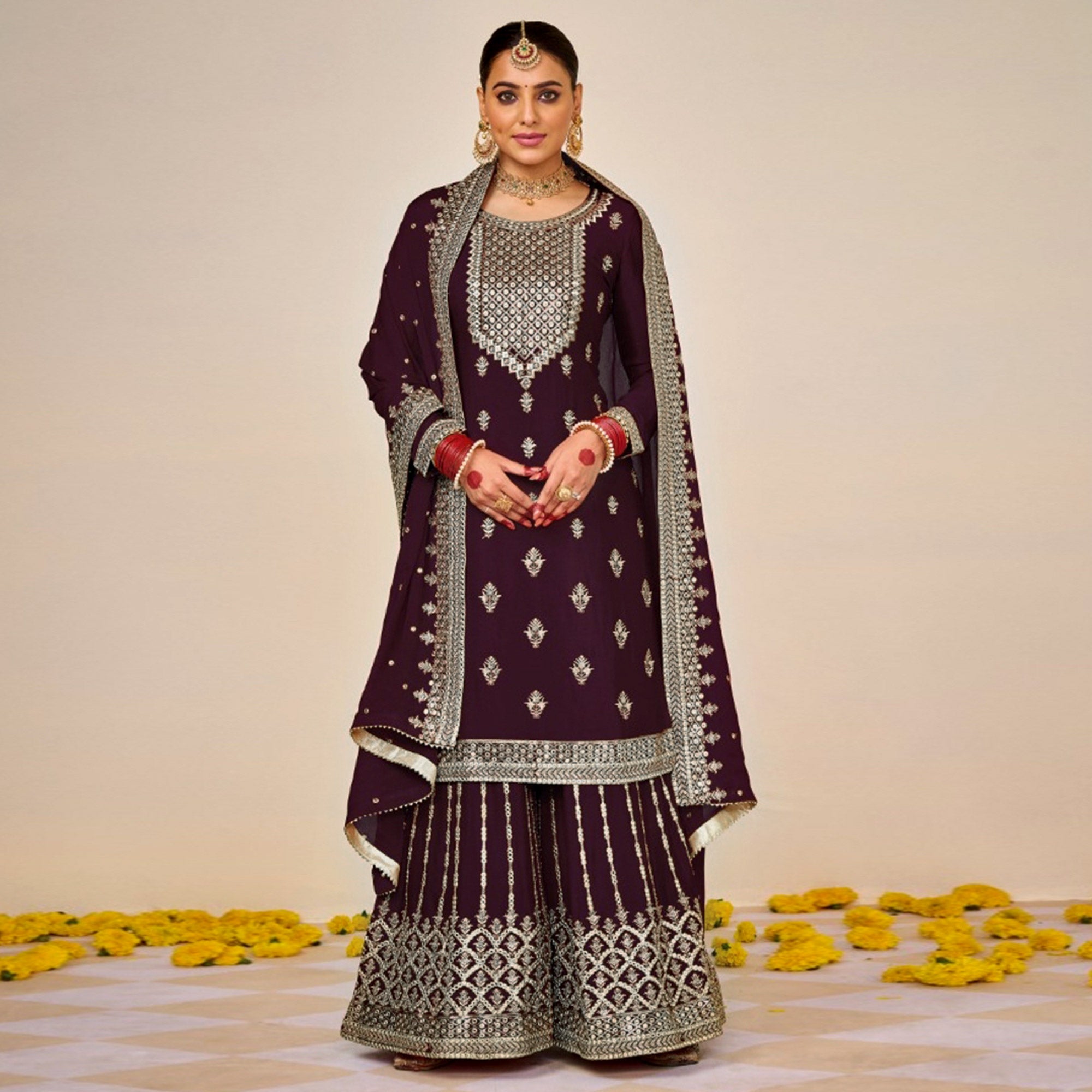 Wine Embroidered Georgette Sharara Suit