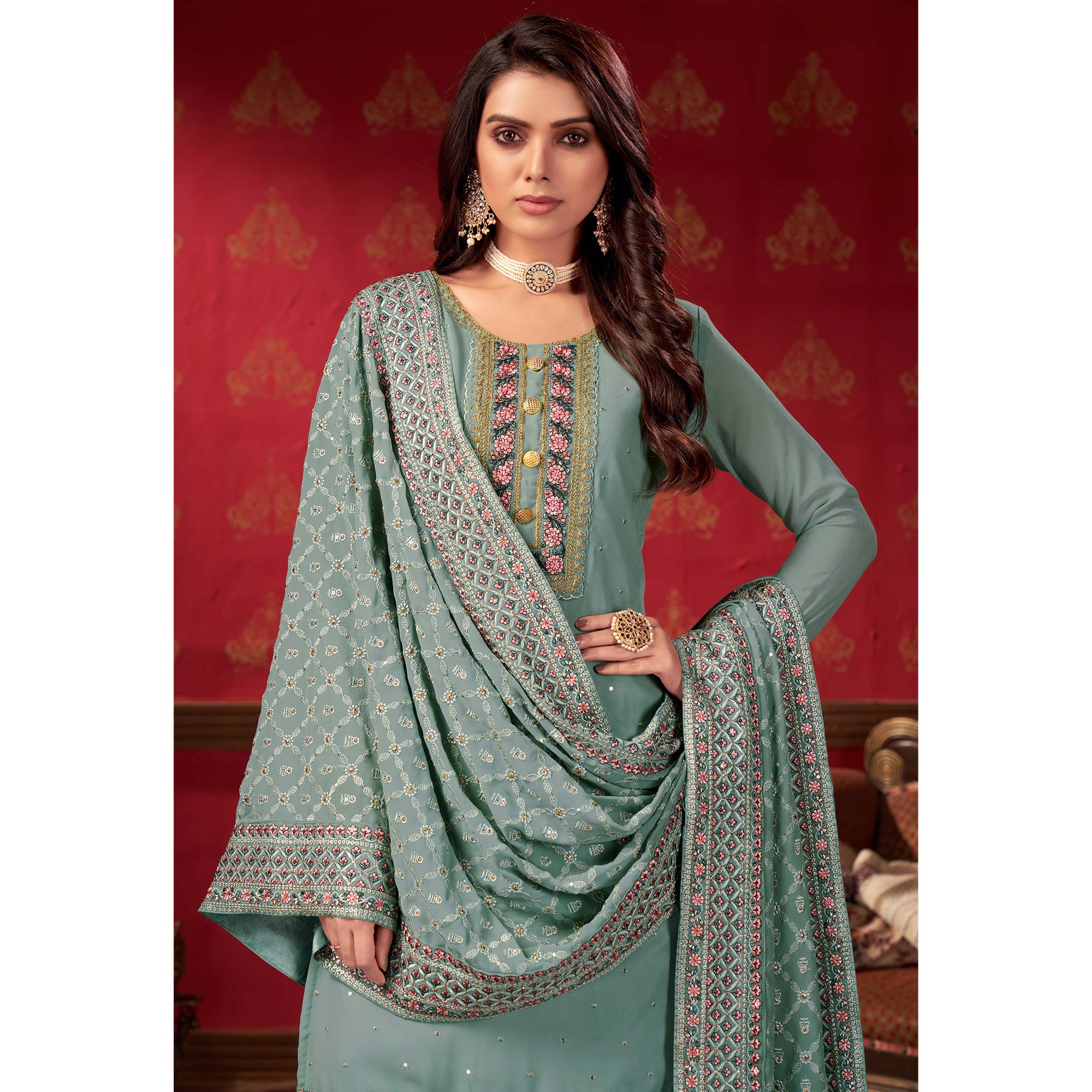 Grey Embroidered Georgette Sharara Suit