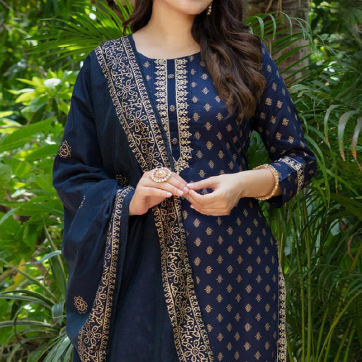 Navy Blue Printed Rayon Salwar Suit