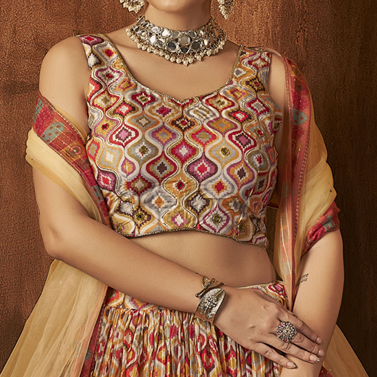 Beige Printed With Sequins Work Georgette Lehenga Choli