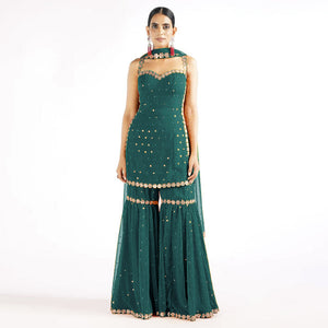 Green Sequins Embroidered Georgette Sharara Suit