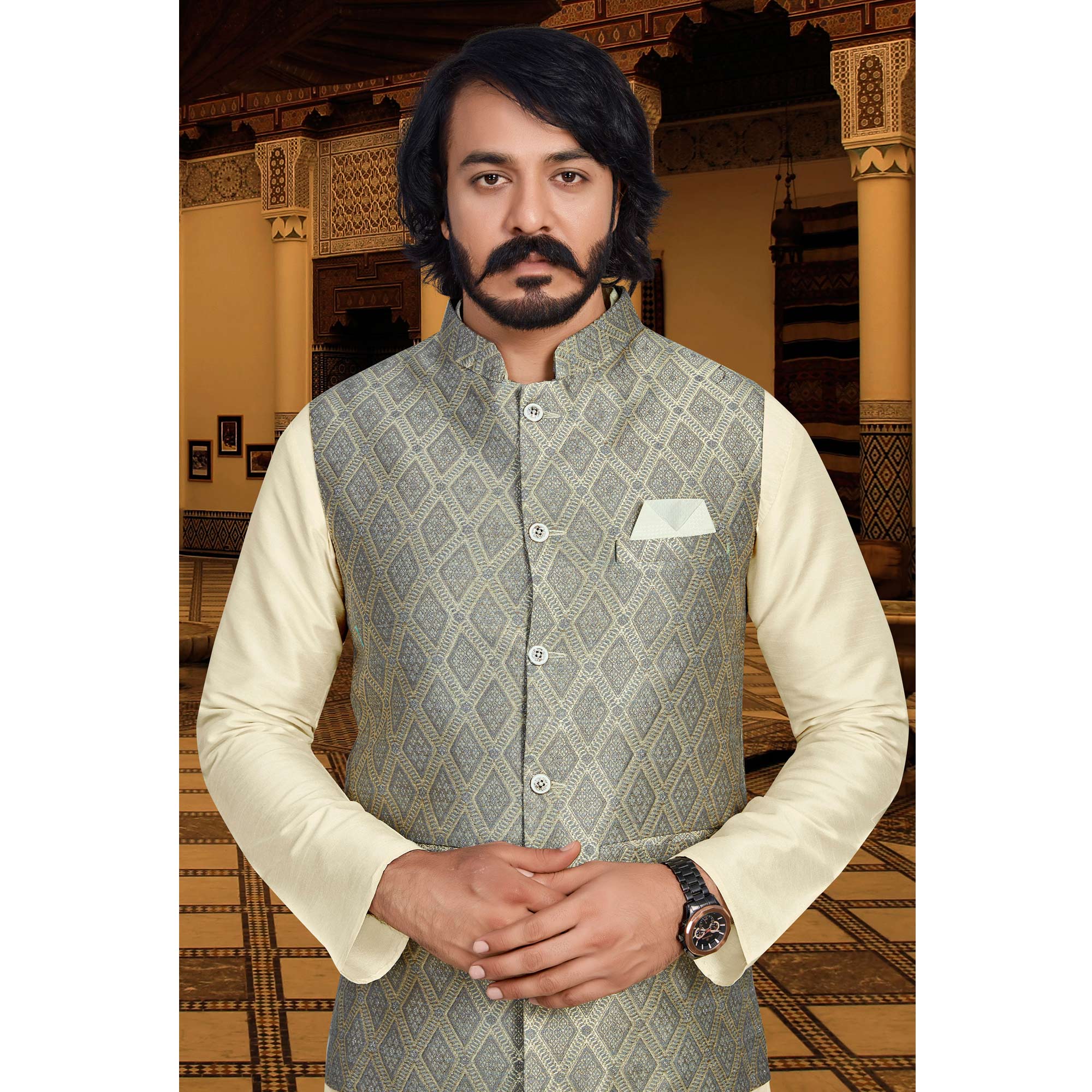 Cream Grey Woven Art Silk Kurta Pyjama Set With Jacket