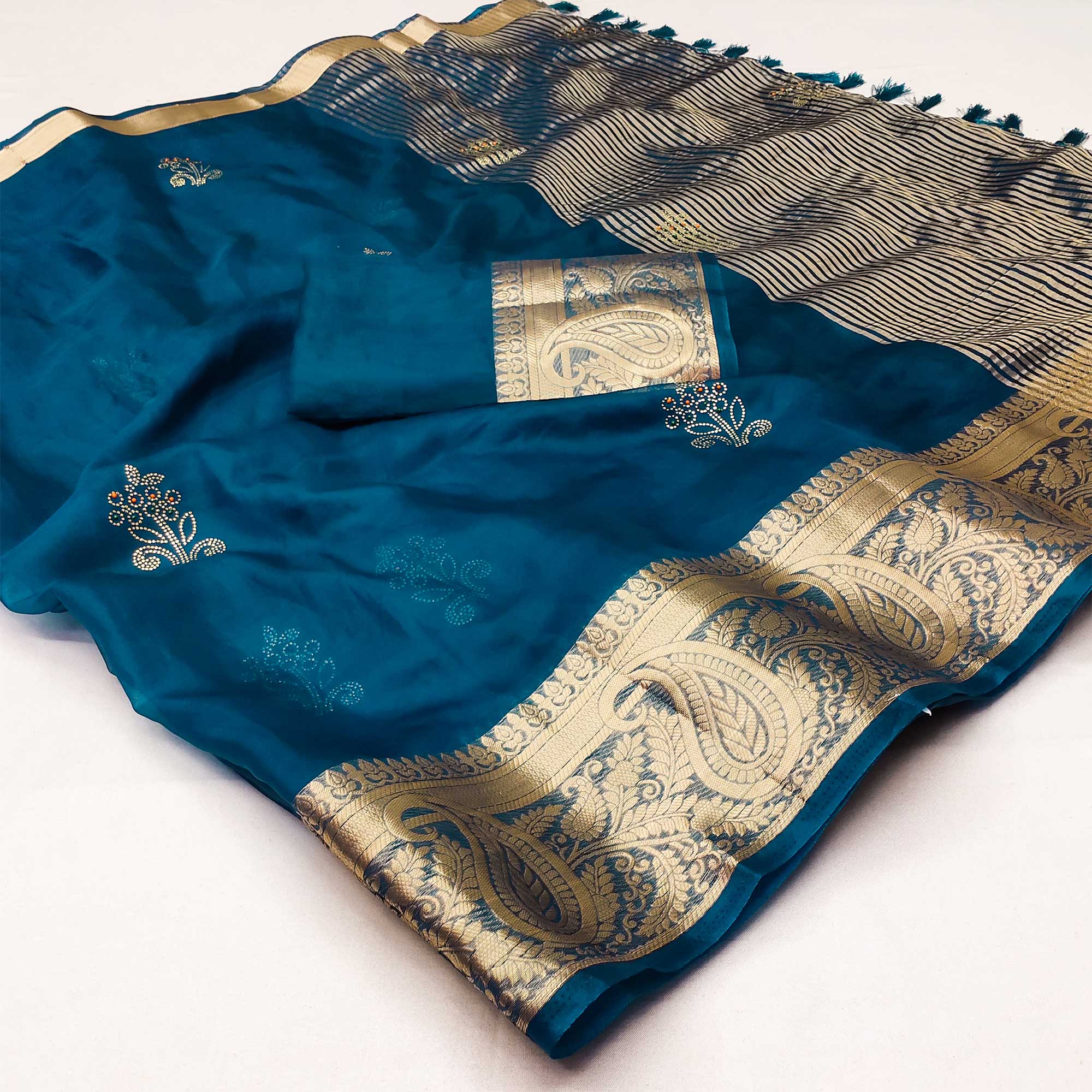 Blue Floral Foil With Woven Border Organza Saree