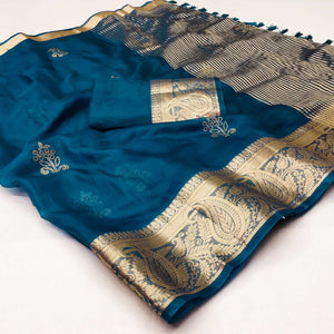 Blue Floral Foil With Woven Border Organza Saree