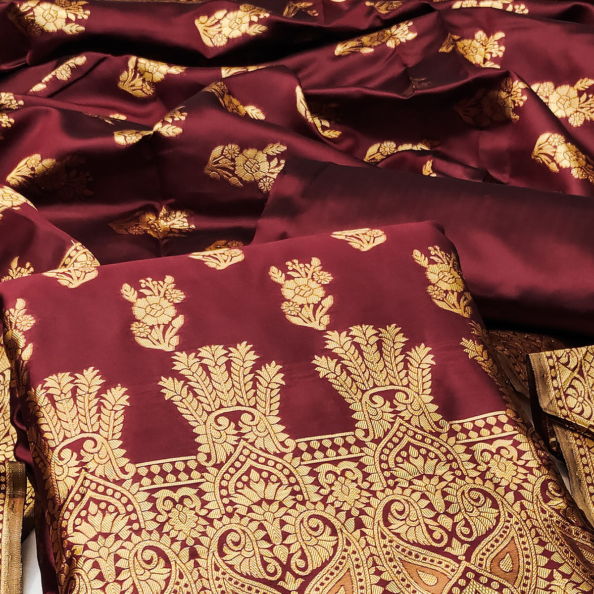 Maroon Floral Woven Jacquard Dress Material
