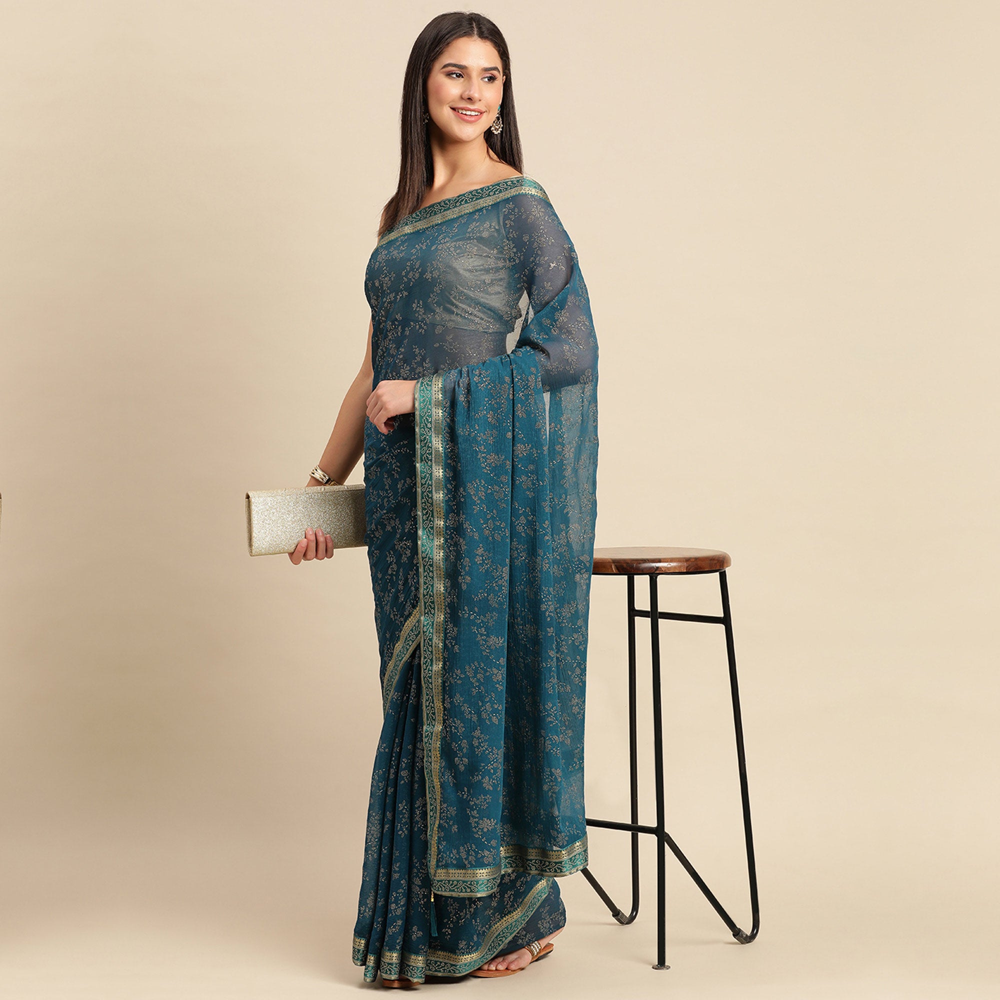 Blue Floral Foil Printed Shimmer Saree