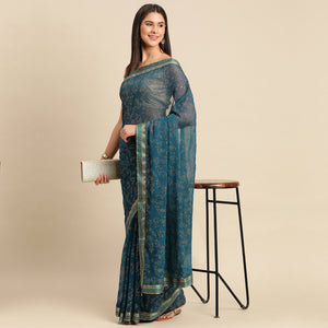 Blue Floral Foil Printed Shimmer Saree