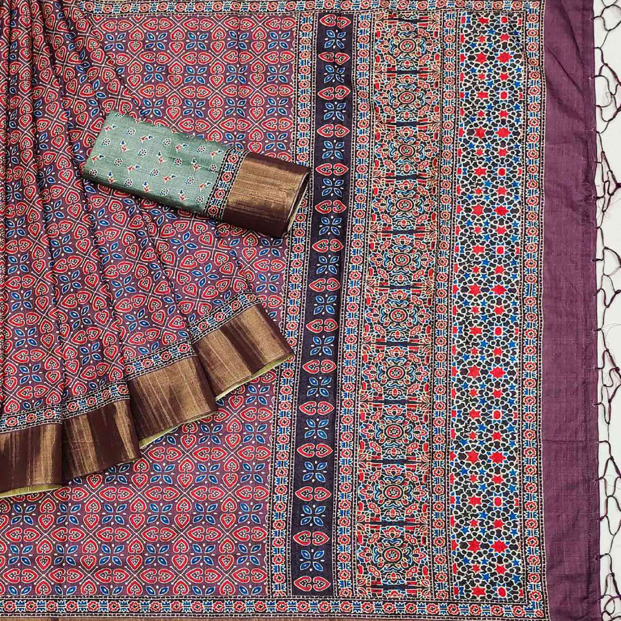 Purple Floral Printed Matka Tussar Saree With Tassels