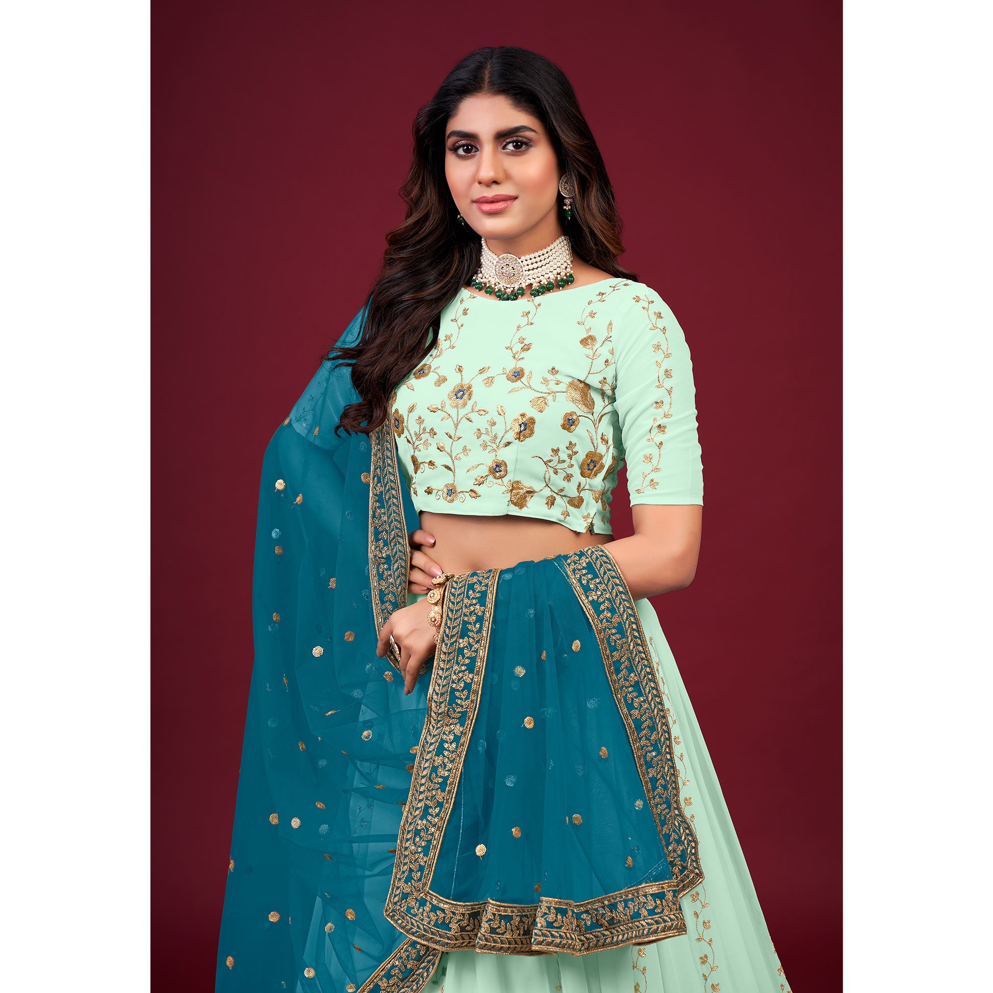 Sea Green Embroidered Georgette Lehenga Choli