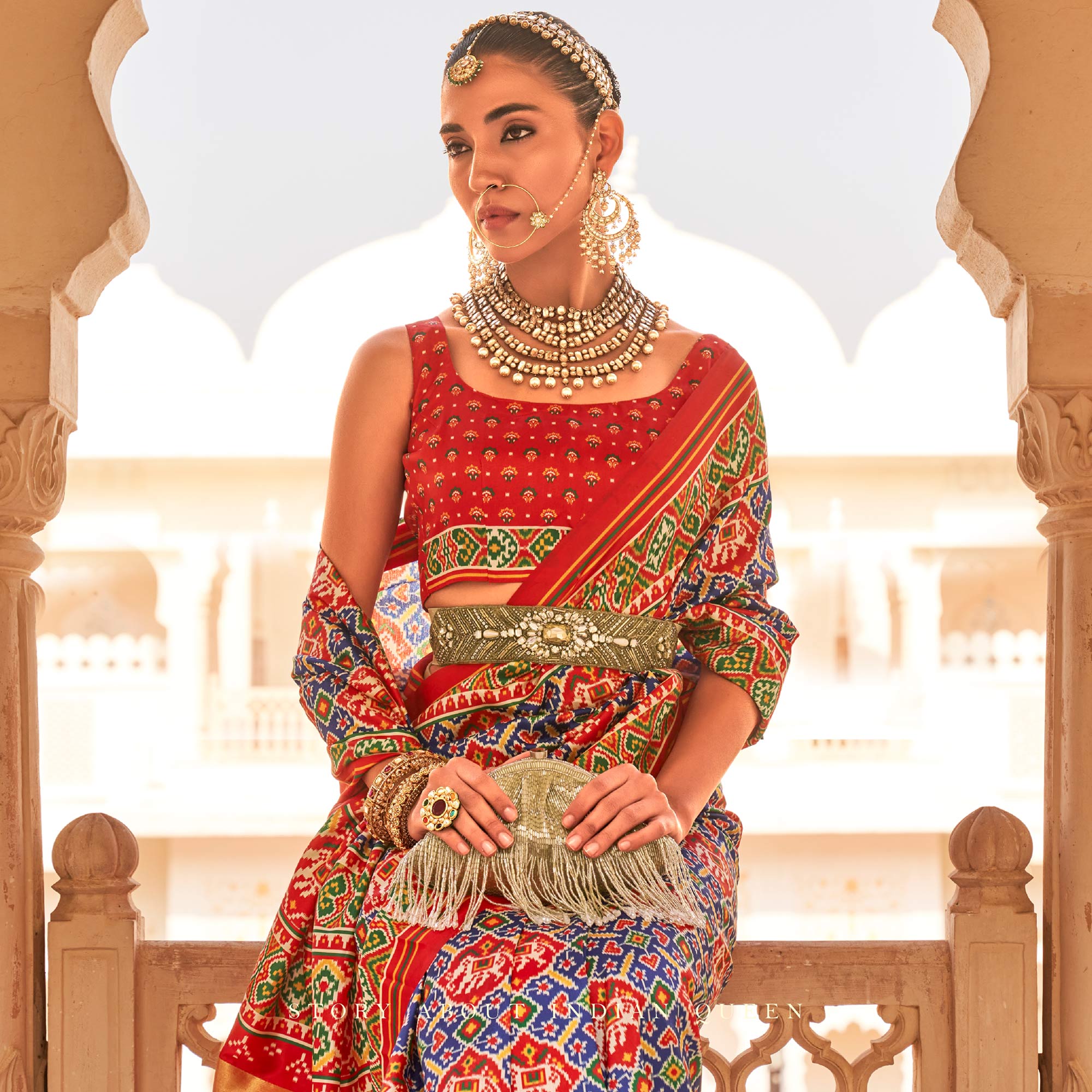 Blue & Red Printed Tussar Silk Saree With Tassels