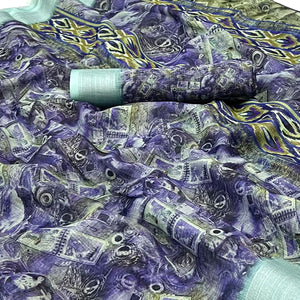 Blue Digital Printed Linen Saree