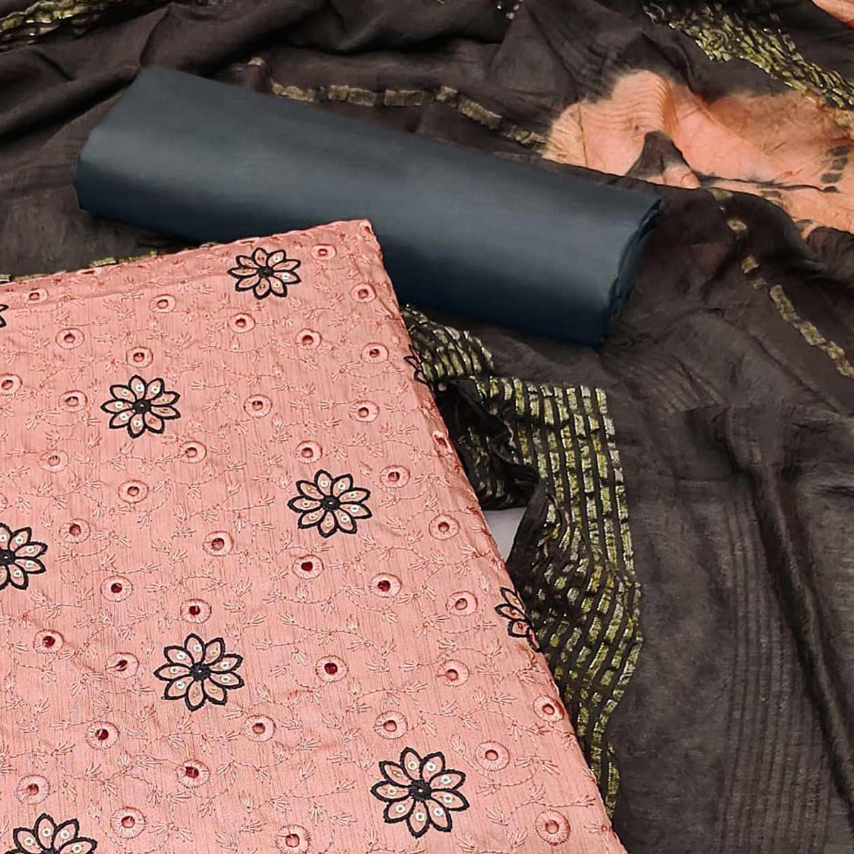 Peach Embroidered Raw Silk Dress Material