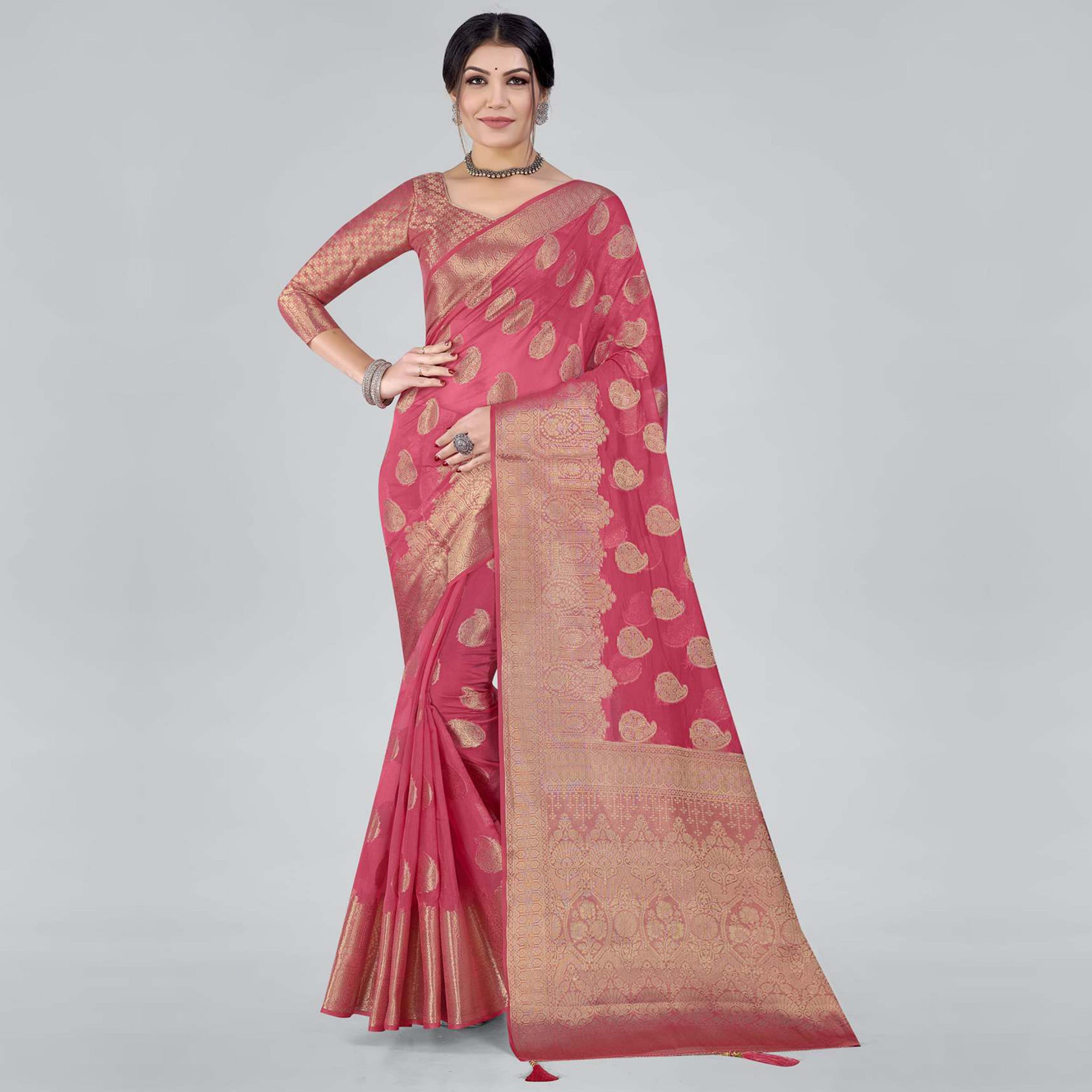 Pink Woven Organza Saree With Tassels