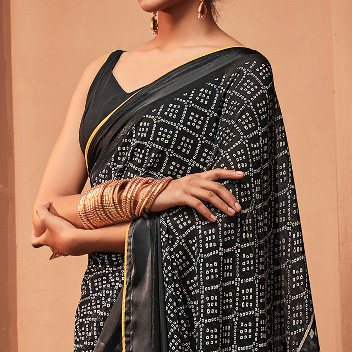 Black Printed Georgette Saree With Tassels