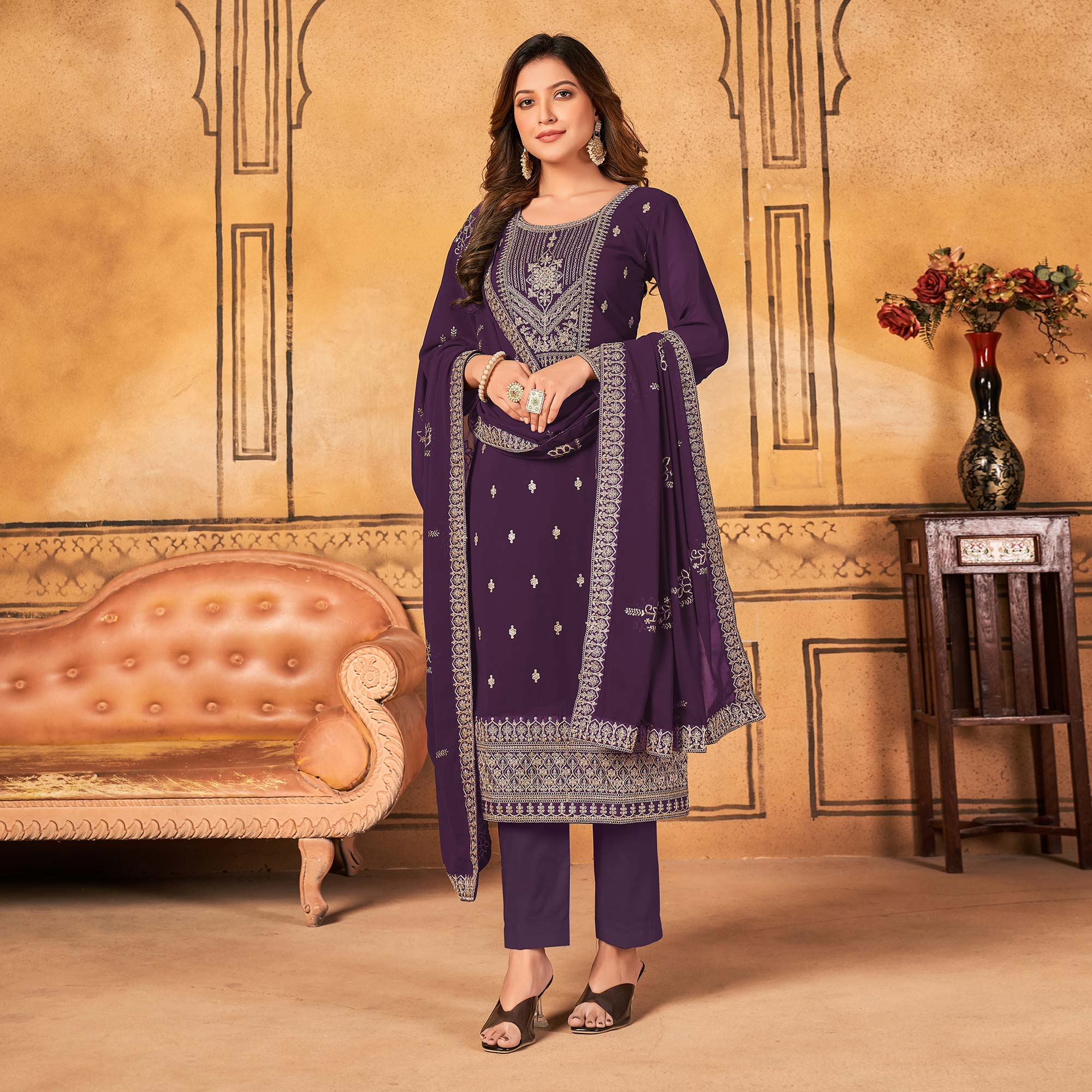 Purple Floral Embroidered Georgette Salwar Suit