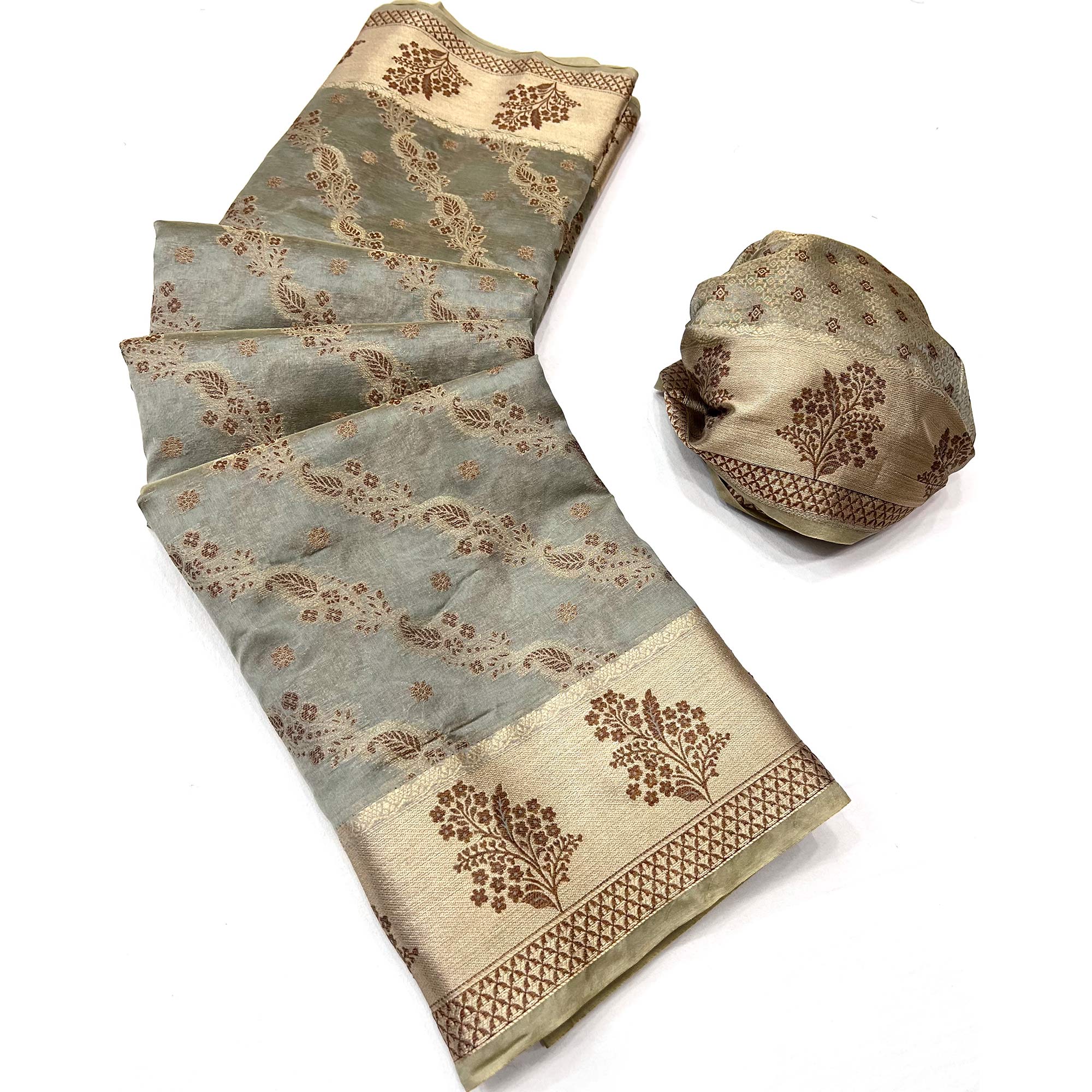 Grey Floral Woven Organza Saree