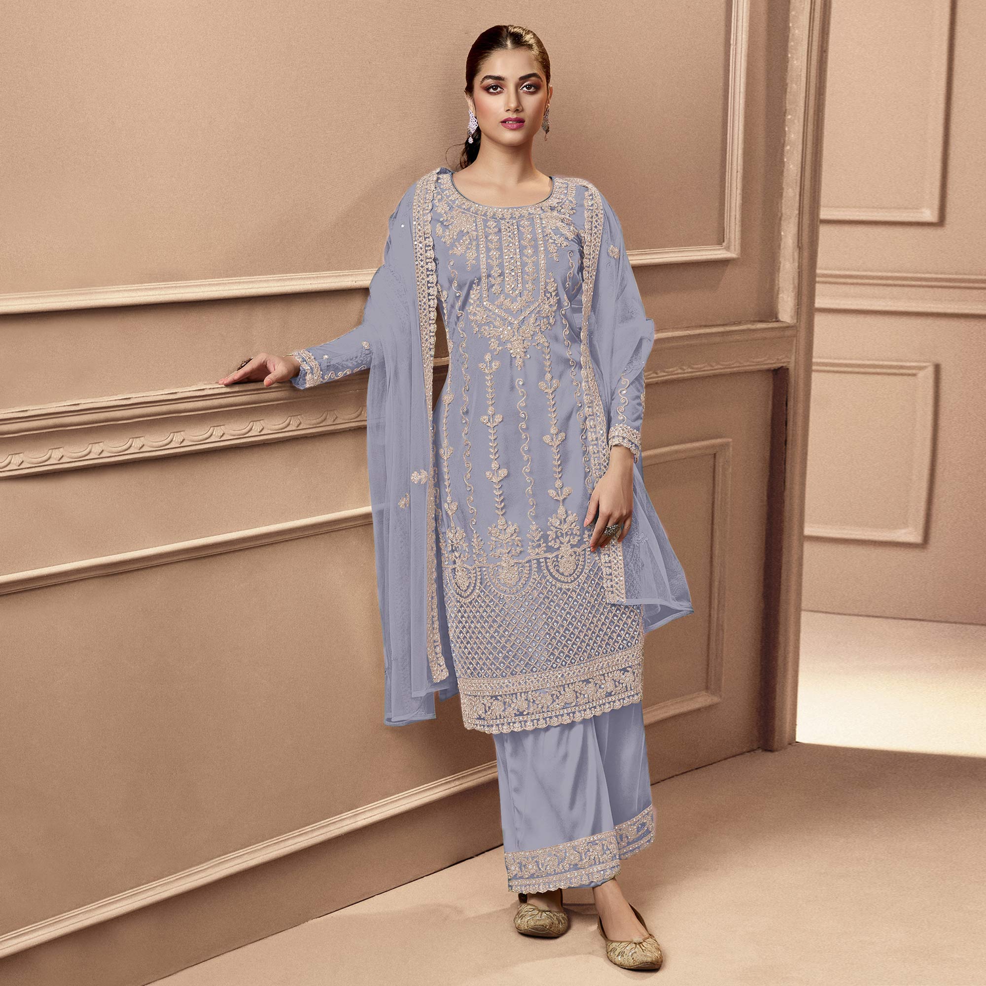 Grey Floral Embroidered Netted Pakistani Suit