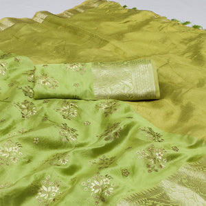 Green Woven Organza Saree With Tassels