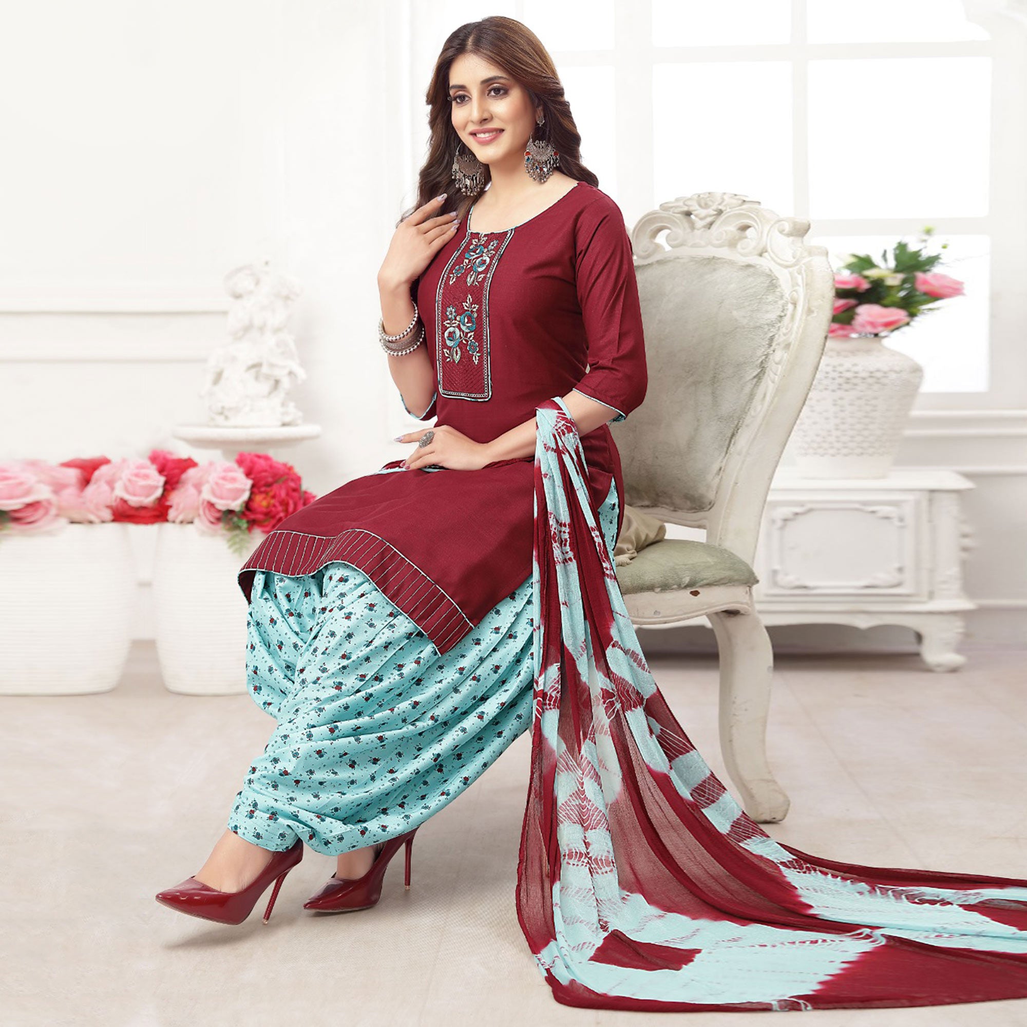Maroon Embroidered Rayon Patiala Suit