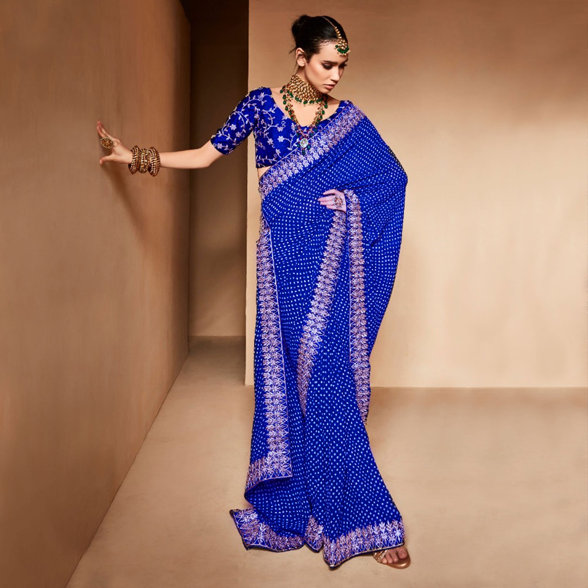 Blue Bandhani Printed With Embroidered Border Georgette Saree