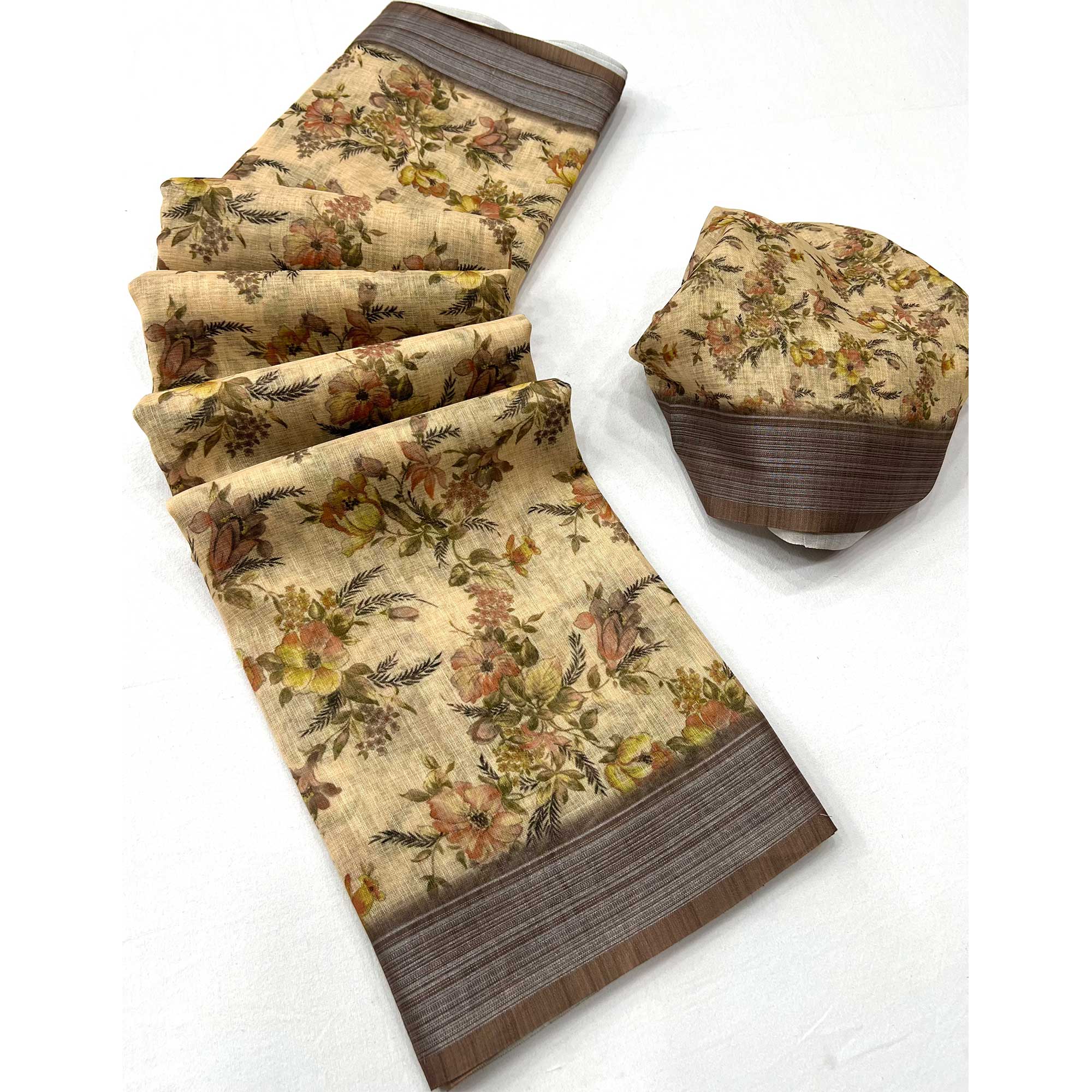 Chikoo Digital Printed Linen Saree