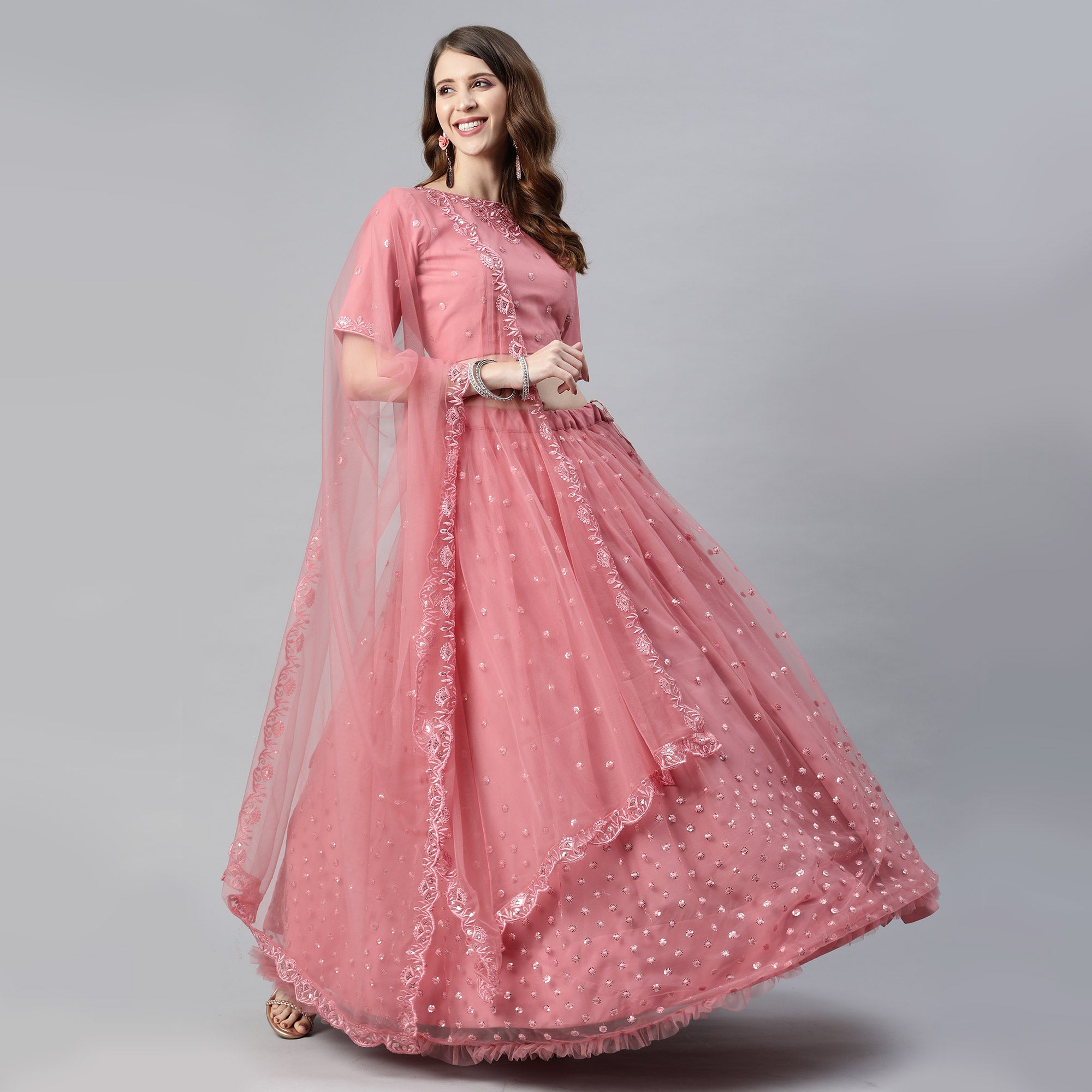Pink Sequins Embroidered Net Lehenga Choli