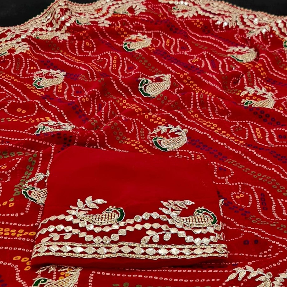 Red Printed With Gota Patti Border Georgette Saree