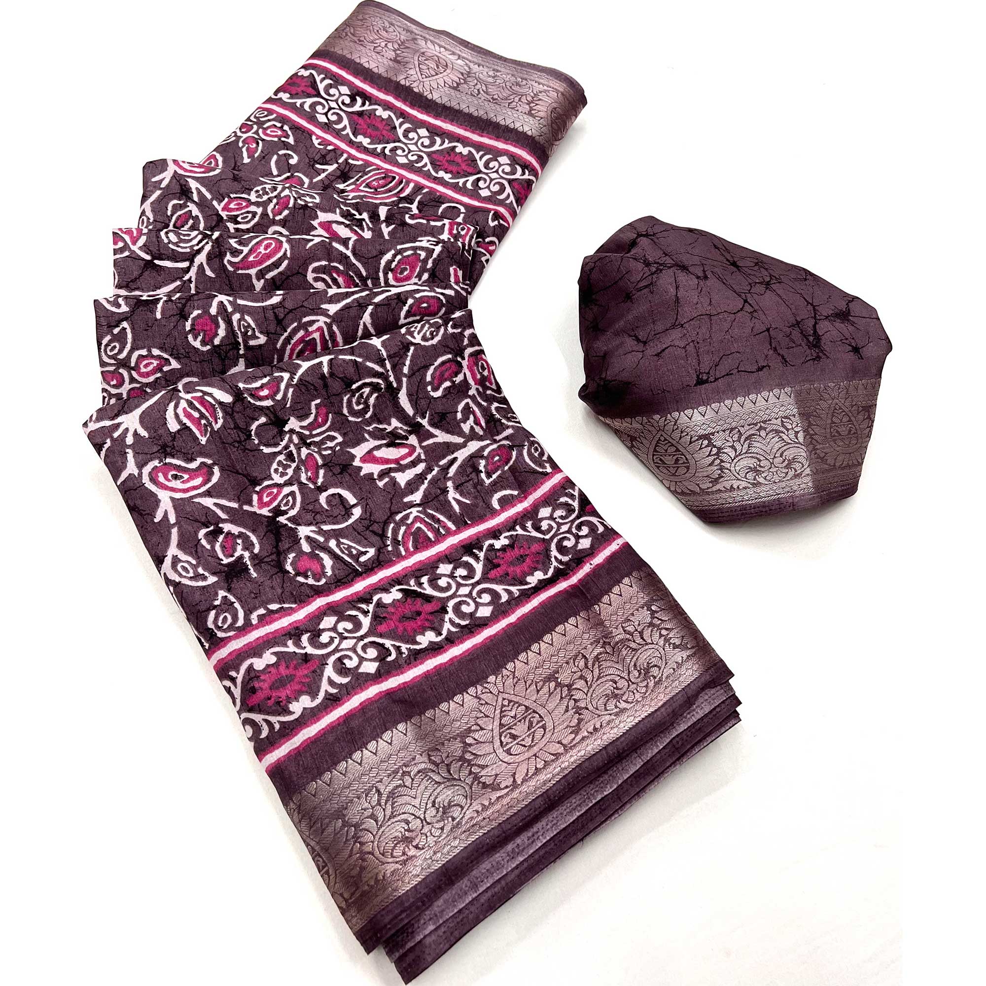 Wine Printed Dola Silk Saree
