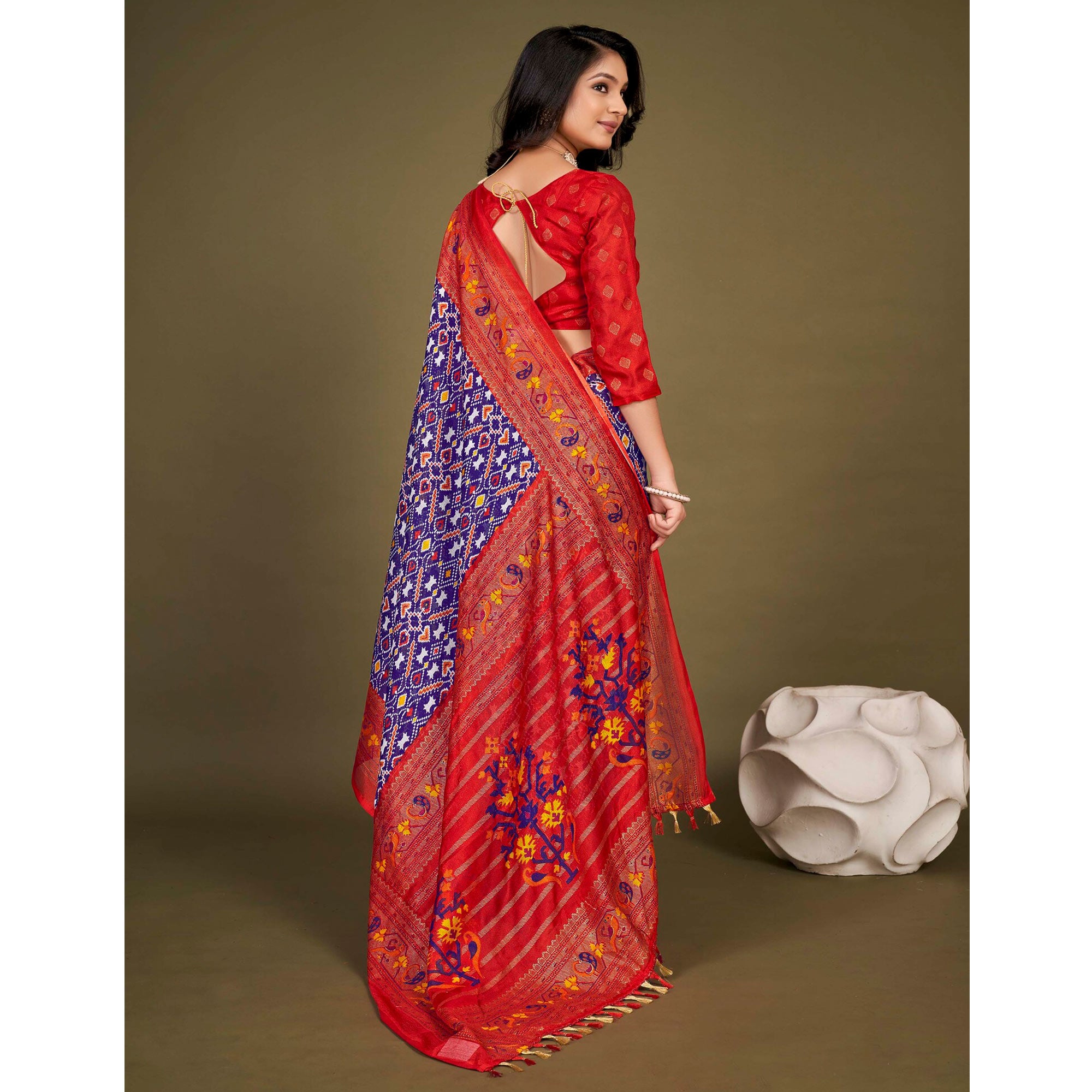 Purple Printed Jute Patola Saree With Tassels