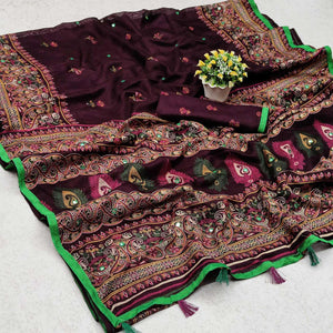 Wine Printed Cotton Blend Saree With Tassels