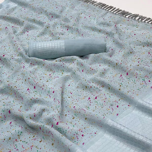 Grey Printed Georgette Saree With Tassels