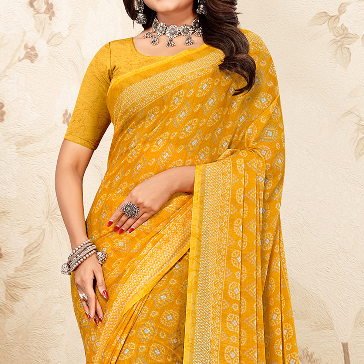 Yellow Bandhani Printed Chiffon Saree