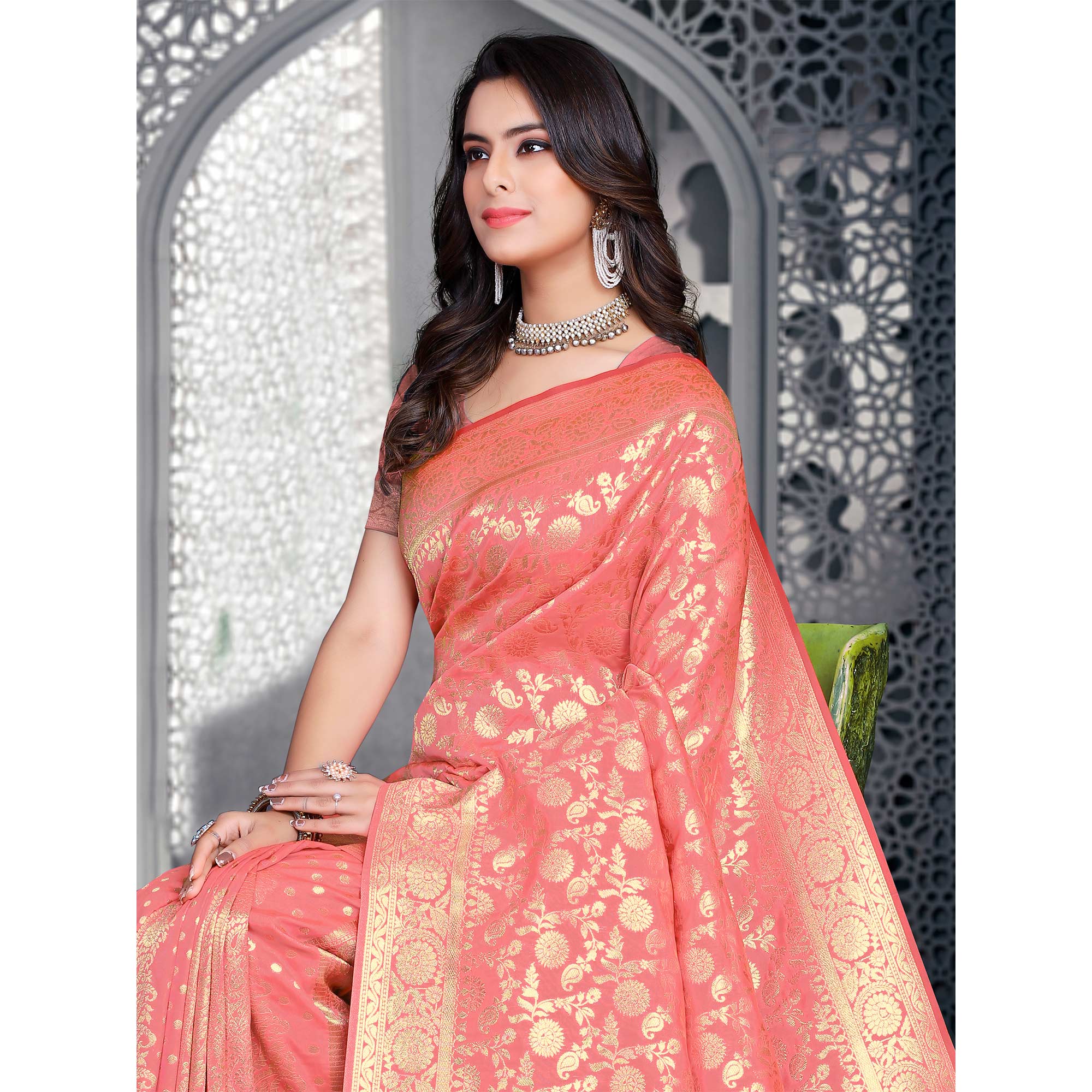 Peach Woven Banarasi Silk Saree