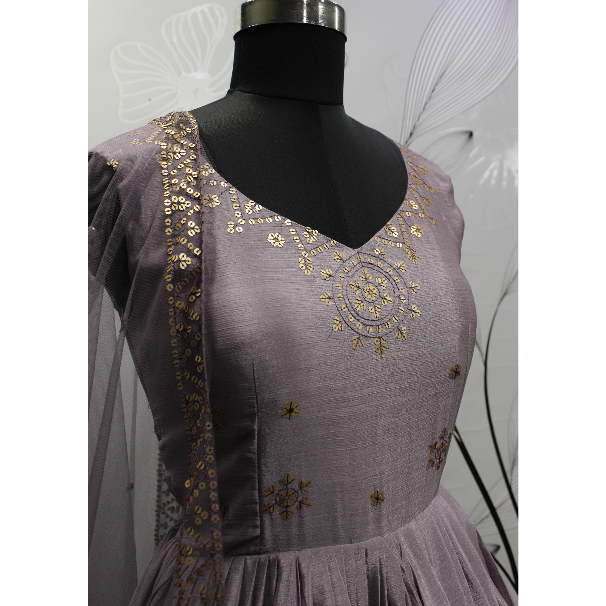 Light Violet Sequins Embroidered Chiffon Gown