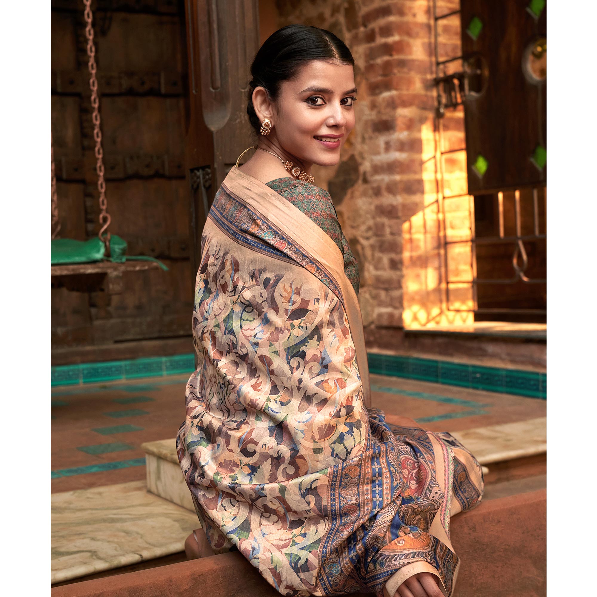 Cream Digital Printed Satin Saree