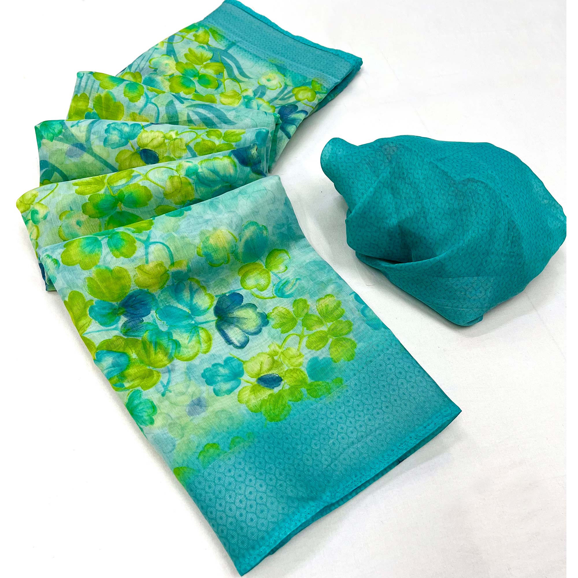 Blue Green Floral Printed Linen Saree