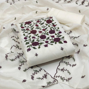 White Floral Sequins Embroidered Kota Doria Dress Material