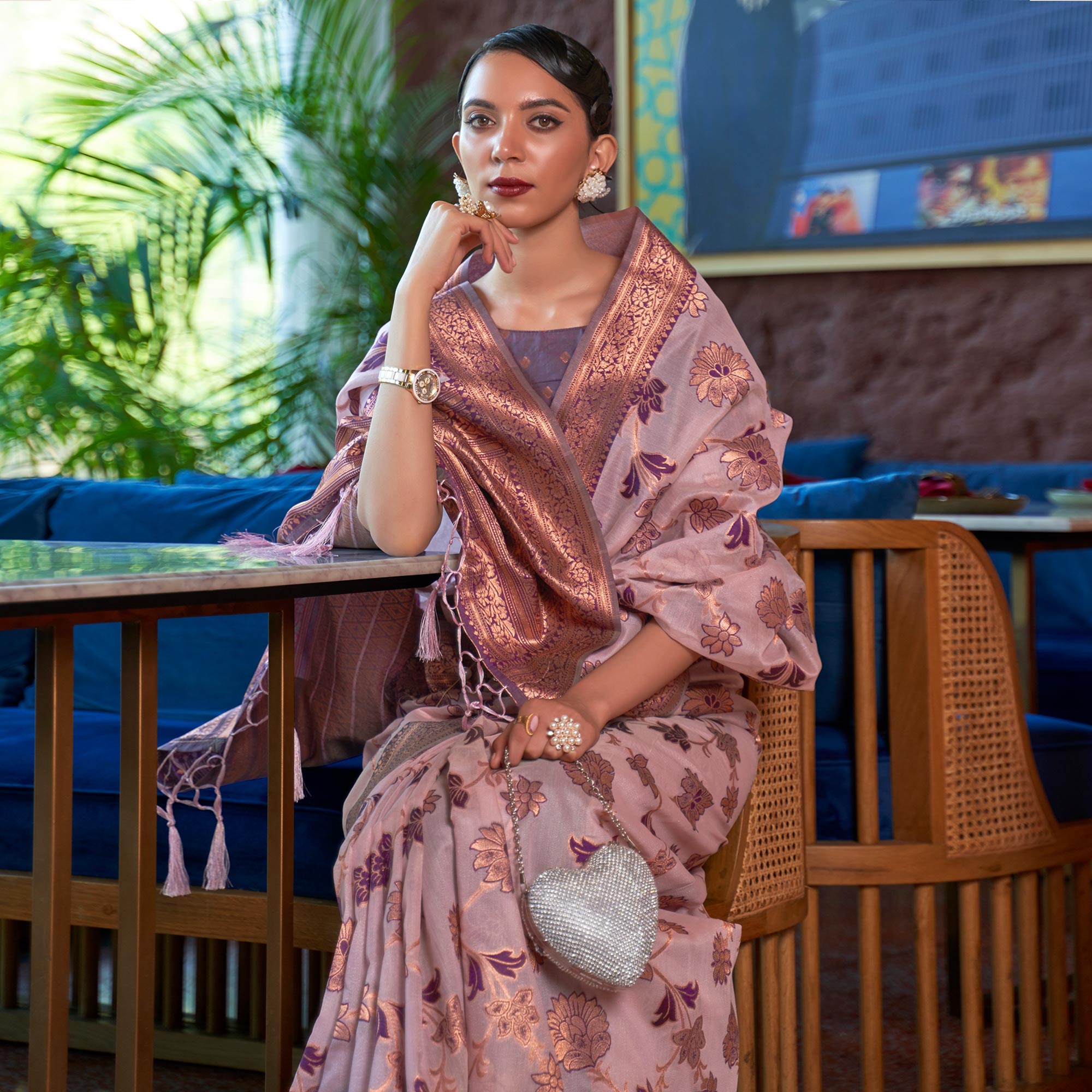 Pink Woven Organza Saree With Tassels