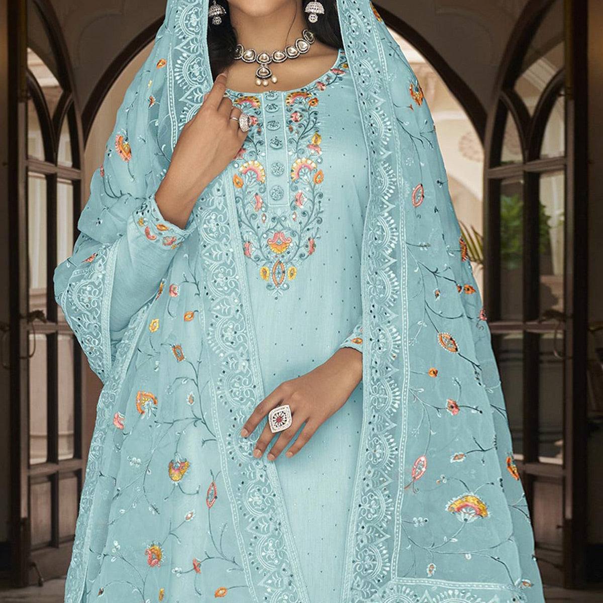 Sky Blue Floral Embroidered Georgette Salwar Suit