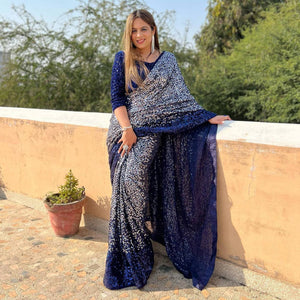 Blue Sequins Embroidered Georgette Saree