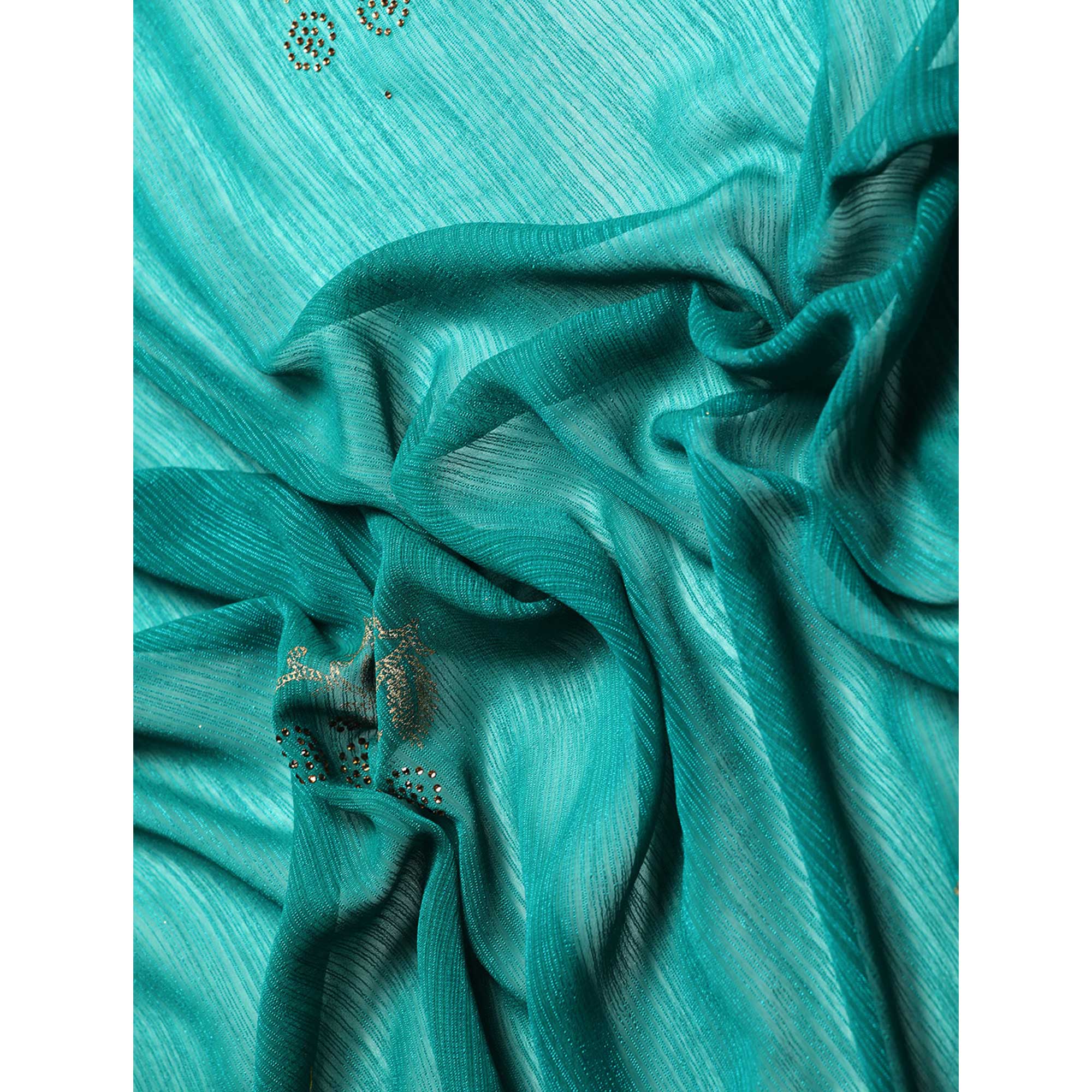 Turquoise Green Foil Printed With Swarovski Zomato Silk Saree
