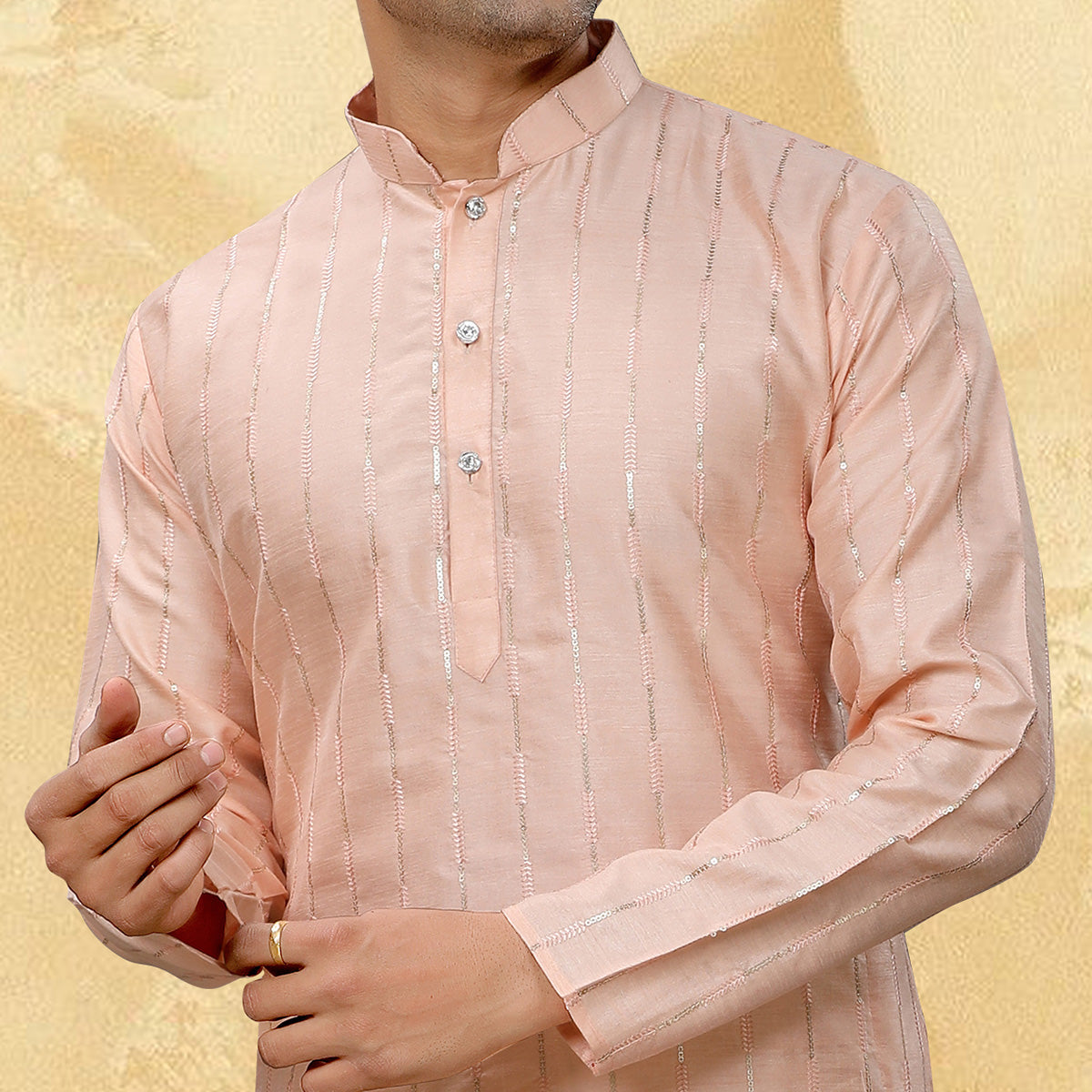 Peach Sequins Embroidered Art Silk Kurta Pyjama Set