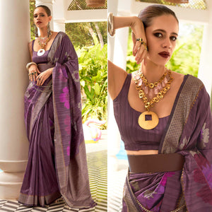 Purple Woven Art Silk Saree With Tassels