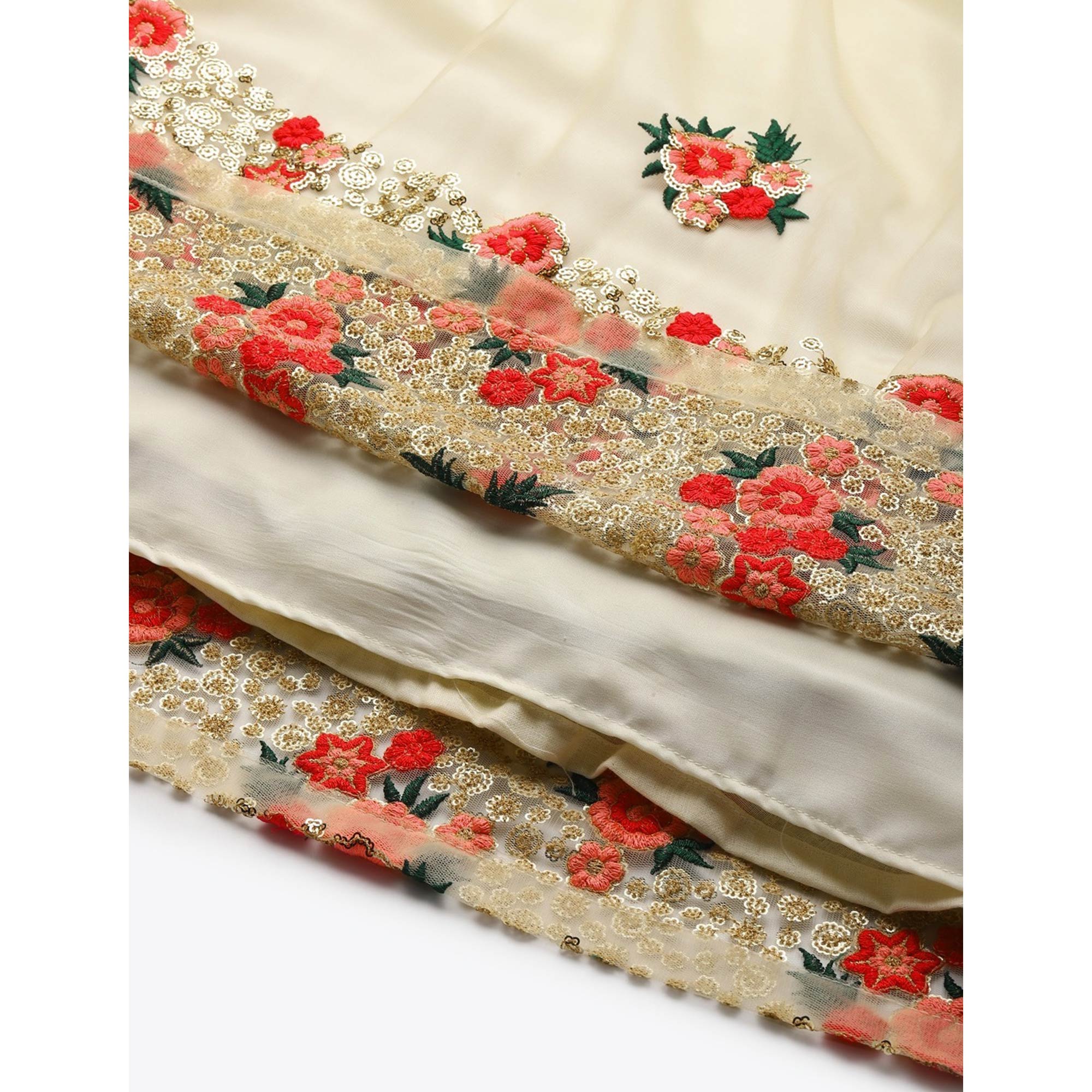 Cream Floral Embroidered Netted Lehenga Choli