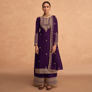Purple Sequins Embroidered Georgette Palazzo Suit