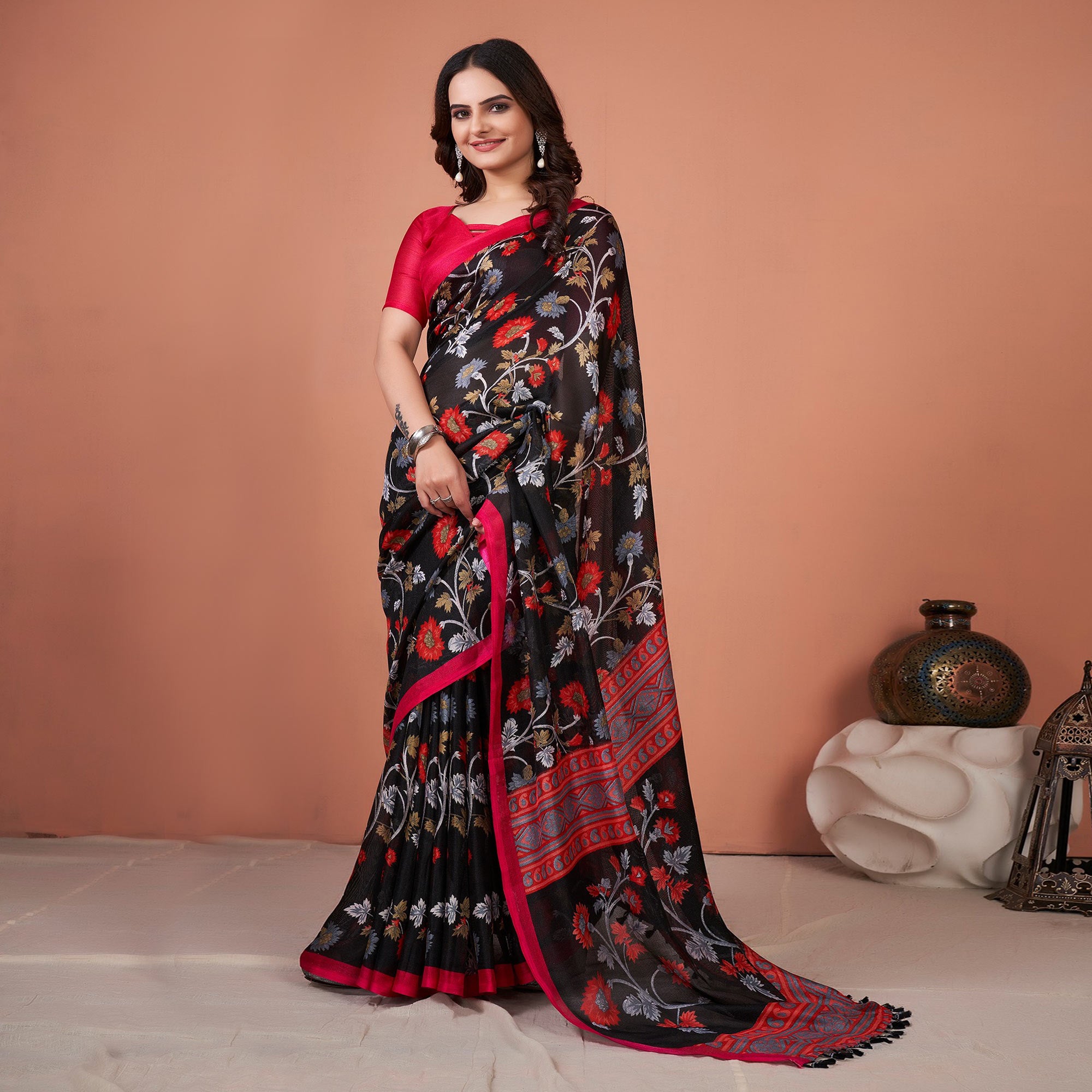 Black Floral Printed Jute Saree With Tassels